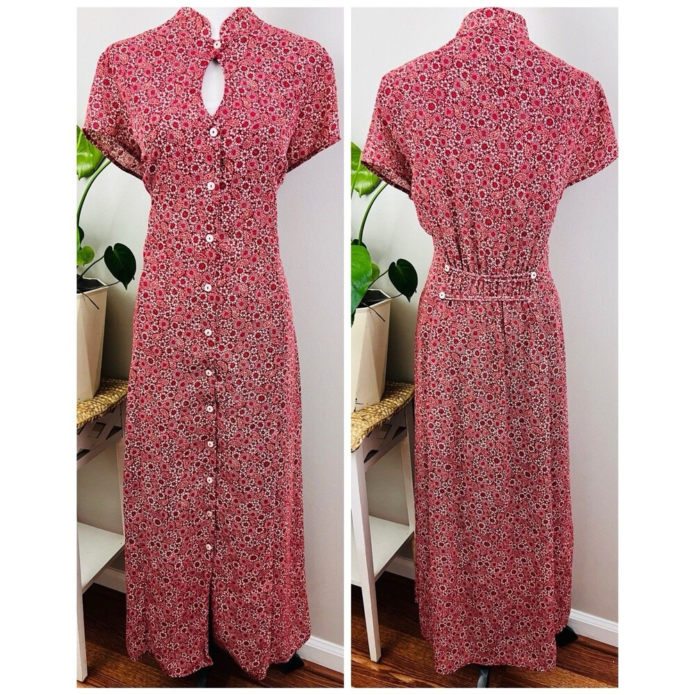Vintage Amanda Lane 90's Red Floral Asian Style Button up Long Maxi Dress Sz 18